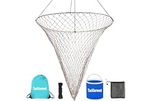 TACKLURENET Foldable Drop and Pier Fishing Net, Portable Bridge Net,Crab Bait Shrimp Net with Bucket Soft Steel Hoop and 32FT Rope Storage Bag