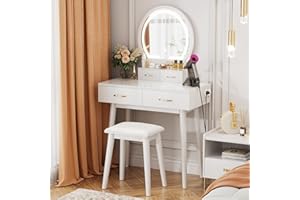 SMOOL Vanity with Lighted Mirror, Makeup Vanity Desk with Power Outlet and 4 Drawers, 3 Color Lighting Modes Adjustable Brightness, Vanity Table with Soft Cushioned Stool for Women Girls, White