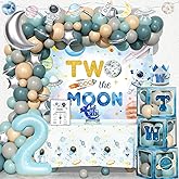 Party Inspo Two the Moon Birthday Boy – 114 PCs Outer Space 2nd Birthday Party Supplies with Backdrop, Balloons, Tablecloth, Cake Topper, Number 2 Foil Balloon, Crown, Poster