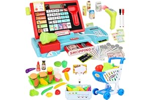 Meaicezli 70Pcs Toy Cash Register for Kids Ages 4-8 with Scanner & Shopping Cart, Pretend Play Cash Register Playset for Girls Boys Toddler Grocery Store Set Christmas Girls for 3+ 4 5 6 7 8 Year Old