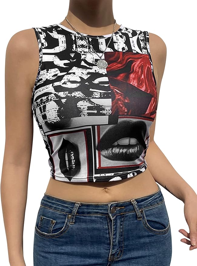 MISSACTIVER Womenâs All Over Print Crop Tank Top Graphic Print Slim Fit Crop Top Y2K E-Girls 90s 