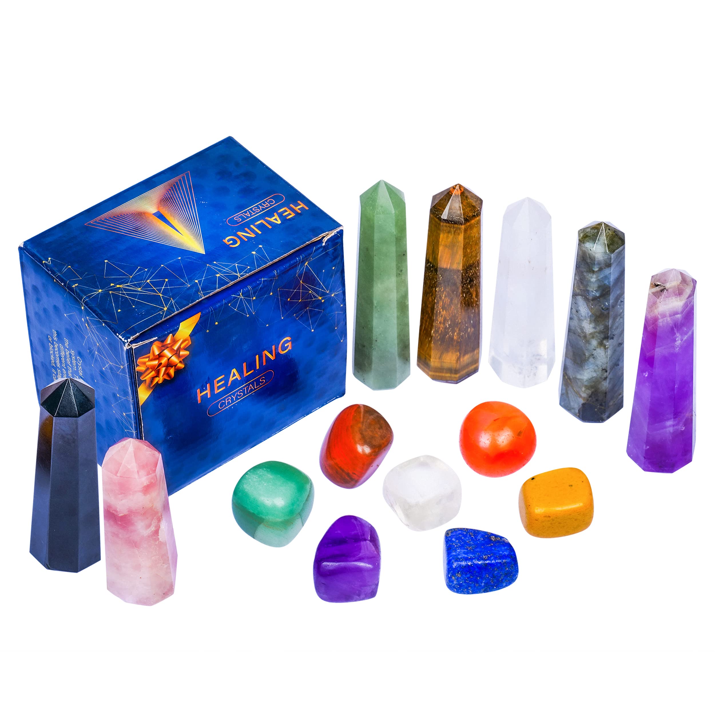 Chakra Crystals Set, Crystals for Beginners, Chakra Stones, Crystals and Gemstones, Crystal Wand, Reiki Gift, 14 Pcs Healing Stone Kit, Tumbled Stones (Reiki Crystal Kit)