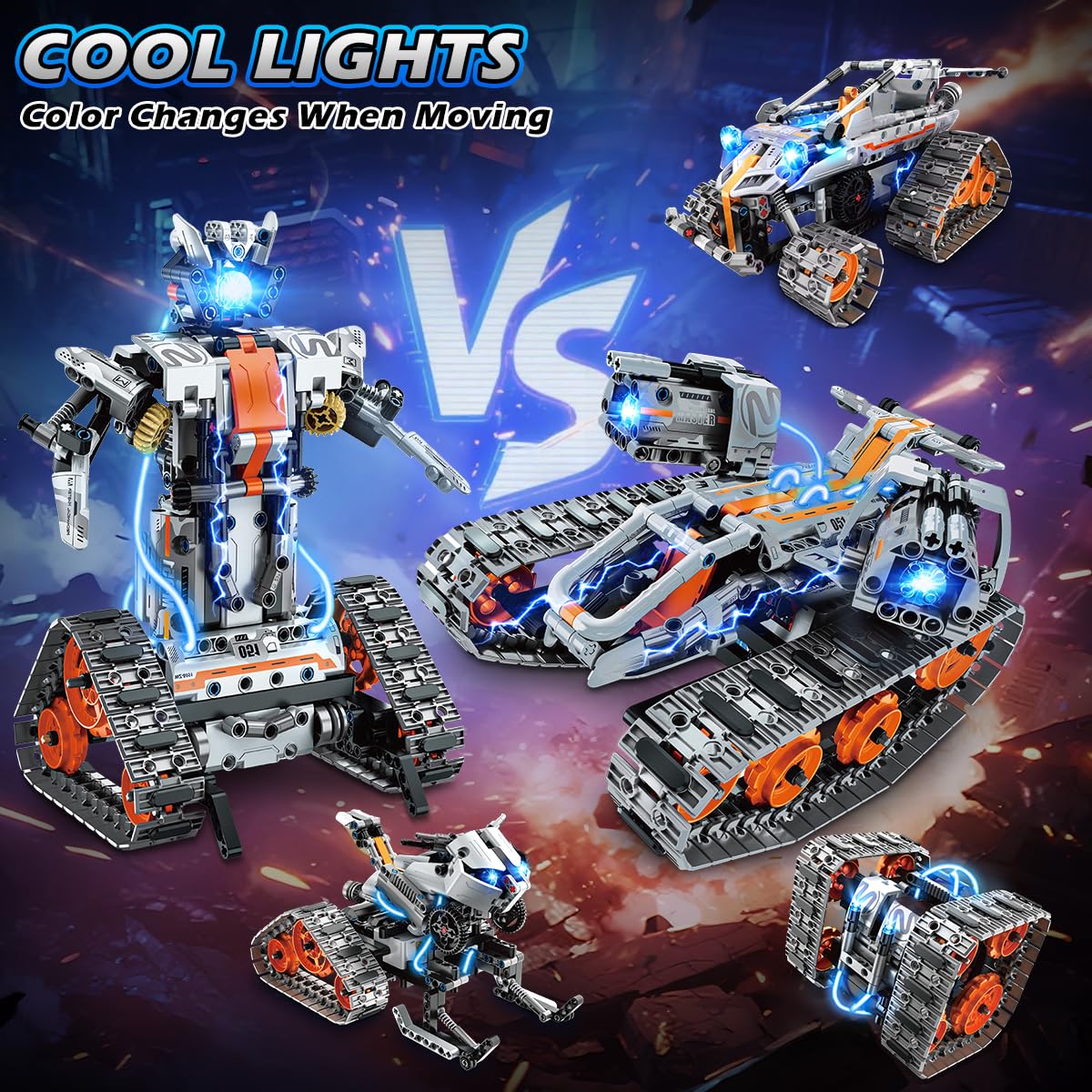 PLAXSOON Technik Bauspielzeug mit LED Lichtern, 5-in-1 App- & Fernsteuerung Panzer Roboter Klemmbausteine, 604 Teile RC Technic Baukasten, STEM Lernspielzeug Geschenk für Kinder Jungen ab 8-12 Jahre 2