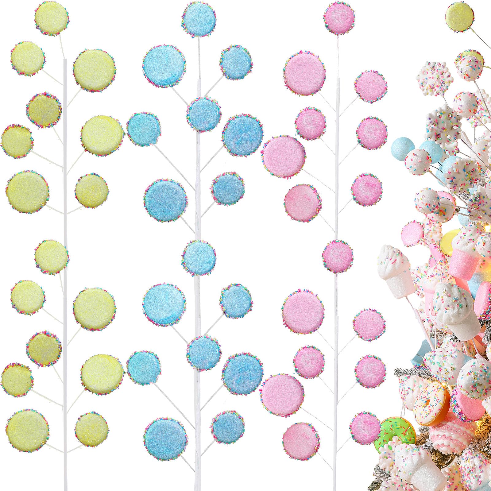 Photo 1 of Zeyune 12 Pcs 20 Inch Candy Christmas Picks Pastel Candy Christmas Decorations Candyland Tree Topper Macaron Xmas Ornament Glitter Colorful Branch for Xmas Tree Topper Vase Filler Home Decor