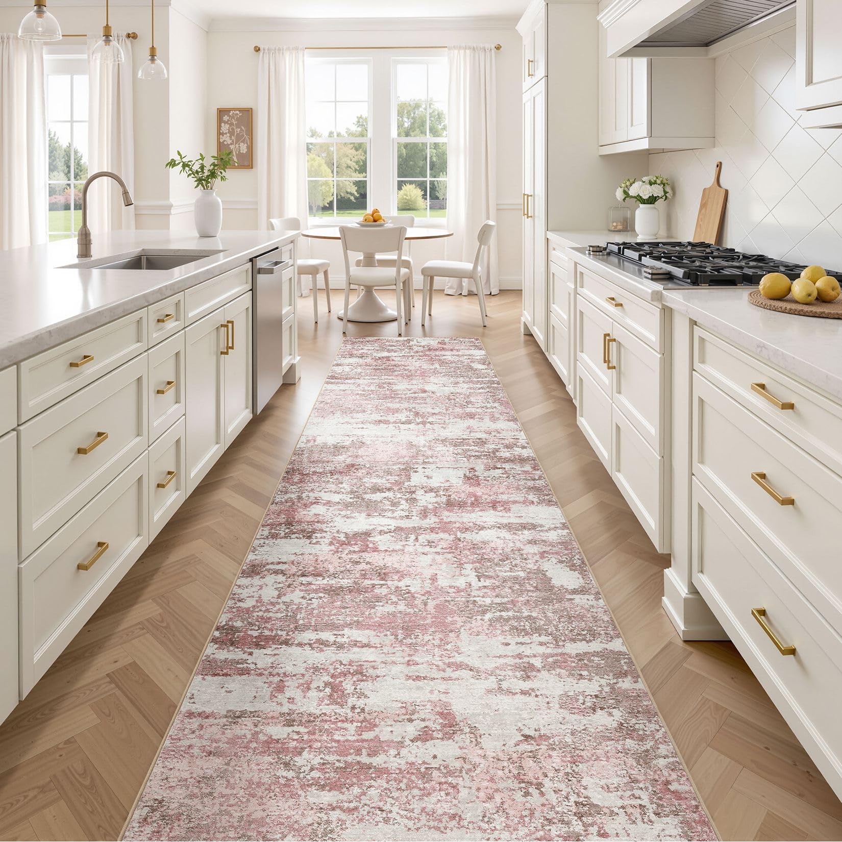 Area Rugs for Living Room: 3x12 Abstract Washable Rug Modern Neutral Large Soft Stain Resistant Non-Slip Backing Machine Table for Bedroom Dining Room Indoor Home Office Carpet - Pink Image