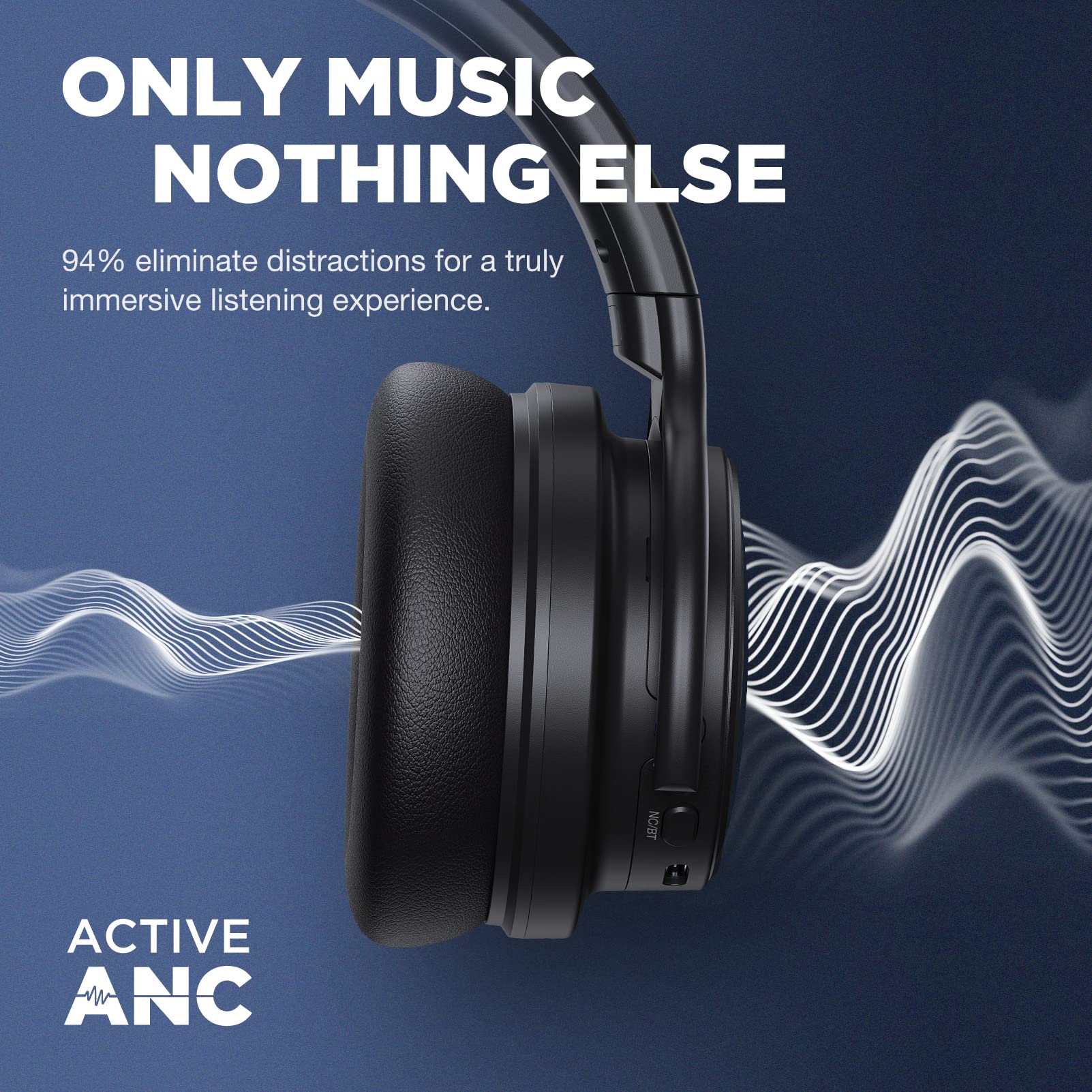PurelySound E7 Active Noise Cancelling, Wireless Over Ear Bluetooth Headphones, 20H Playtime, Rich Deep Bass, Comfortable Memory Foam Ear Cups for Travel, Home Office -Matte Black