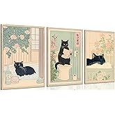 3Pcs Funny Japanese Bathroom Cat Wall Art Cute Animal Painting Picture Wall Decor Cats Lovers Prints Poster Print Artwork for Bathroom Toilet Home Decoration Unframed