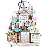 Maitys 21 Pcs Easter Tiered Tray Decor Set Spring Bunny Gnome Truck Wood Sign Rustic Farmhouse Decor Eggs Wood Bead Decorative Tabletop Sign for Easter Spring Party Favors Table Holiday