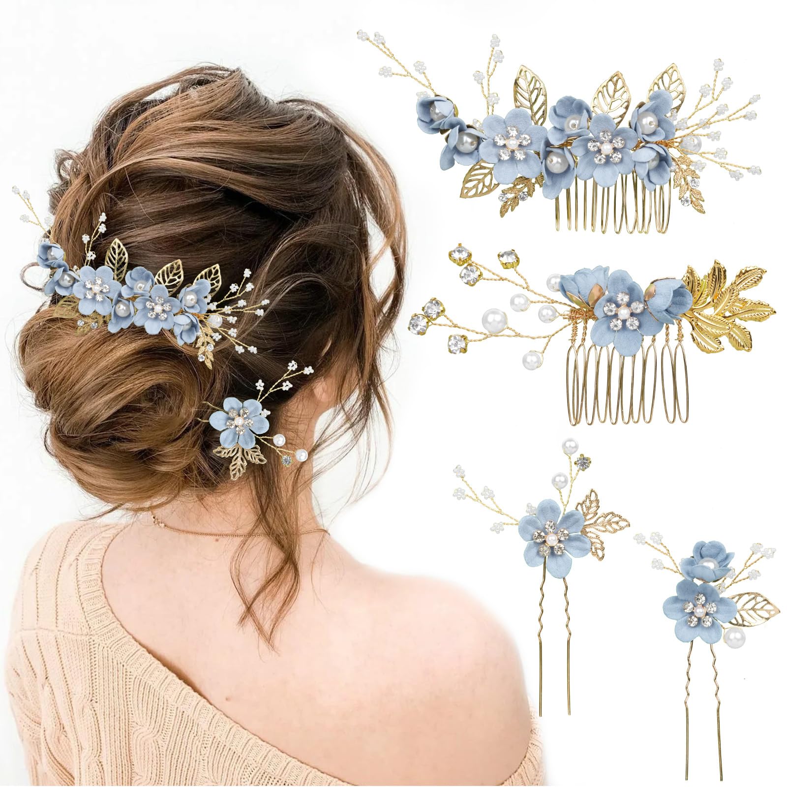 4Pcs Wedding Hair Pins Set, Pink Flower Bridal Hair Pins Bridesmaid Hair Accessories, Wedding Hair Comb, Pearl Flower Hair Piece Bridal Hair Clips for Women Girls Bride Bridesmaids（Blue）