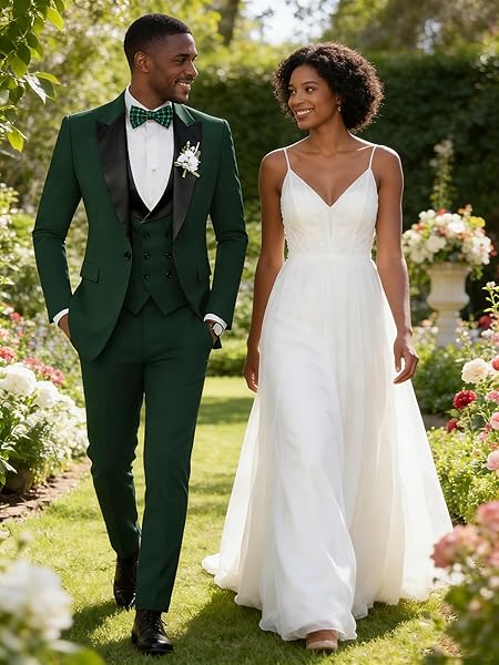 TIJOFA DARK GREEN DOUBLE BREASTED SUIT MEN 3 PIECE SLIM FIT SUIT WEDDING PROM SUITS FOR MEN FORMAL ELEGANT DARK GREEN SUITS MENS BLAZER VEST PANTS HOMECOMING DINNER PARTY TUXEDO XS