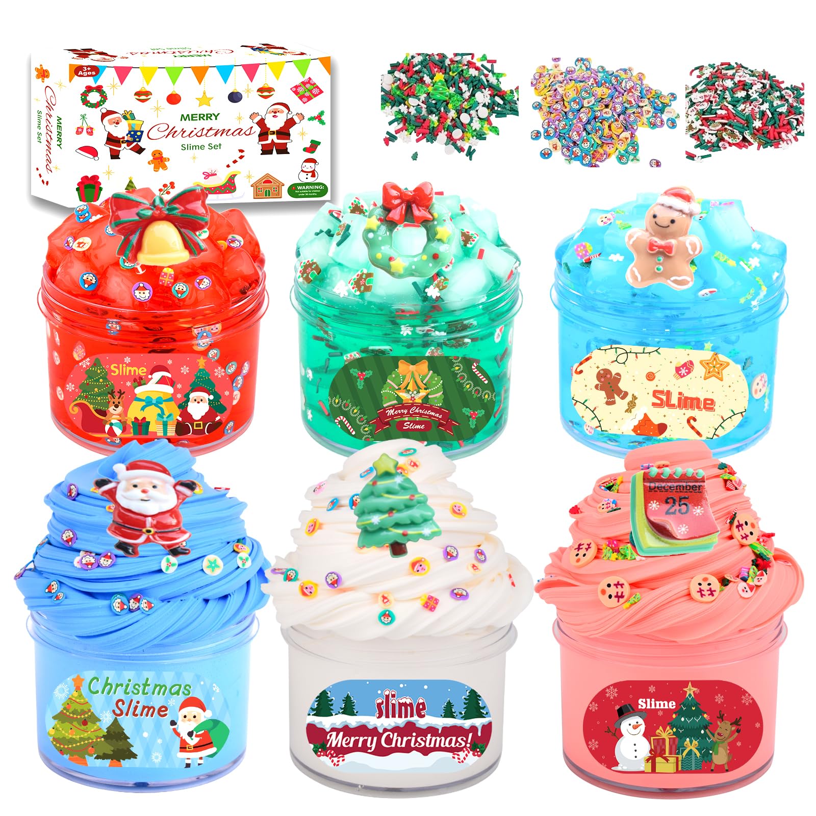 Slime Kit for Kids Christmas Toy Gifts, Butter Clear Slimes with Cute Xmas accessories/Premium Xmas Stickers, Super Soft and Non-Sticky, Birthday Party Favor, Christmas Stocking Stuffers, 6 Pack