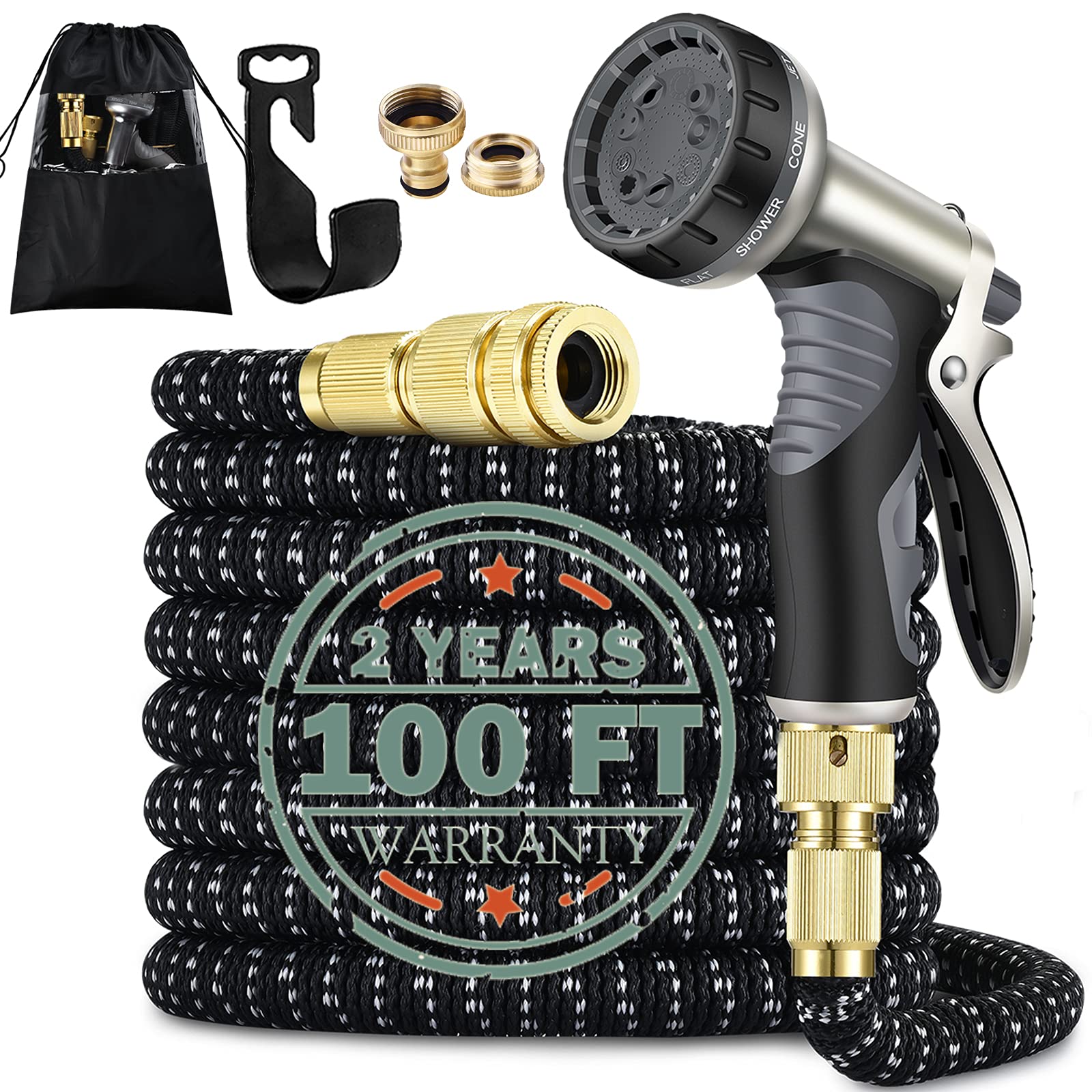 HmiL-U Garden Hose, 100FT Expandable Hose Pipe with Dual Latex Core, Solid Brass Fittings, Metal Spray Gun Nozzle, Black, 1