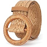 Women Woven Belts for Dresses Jeans Boho Straw Waist Belt Braided Raffia Ladies Belts with Circle Buckle