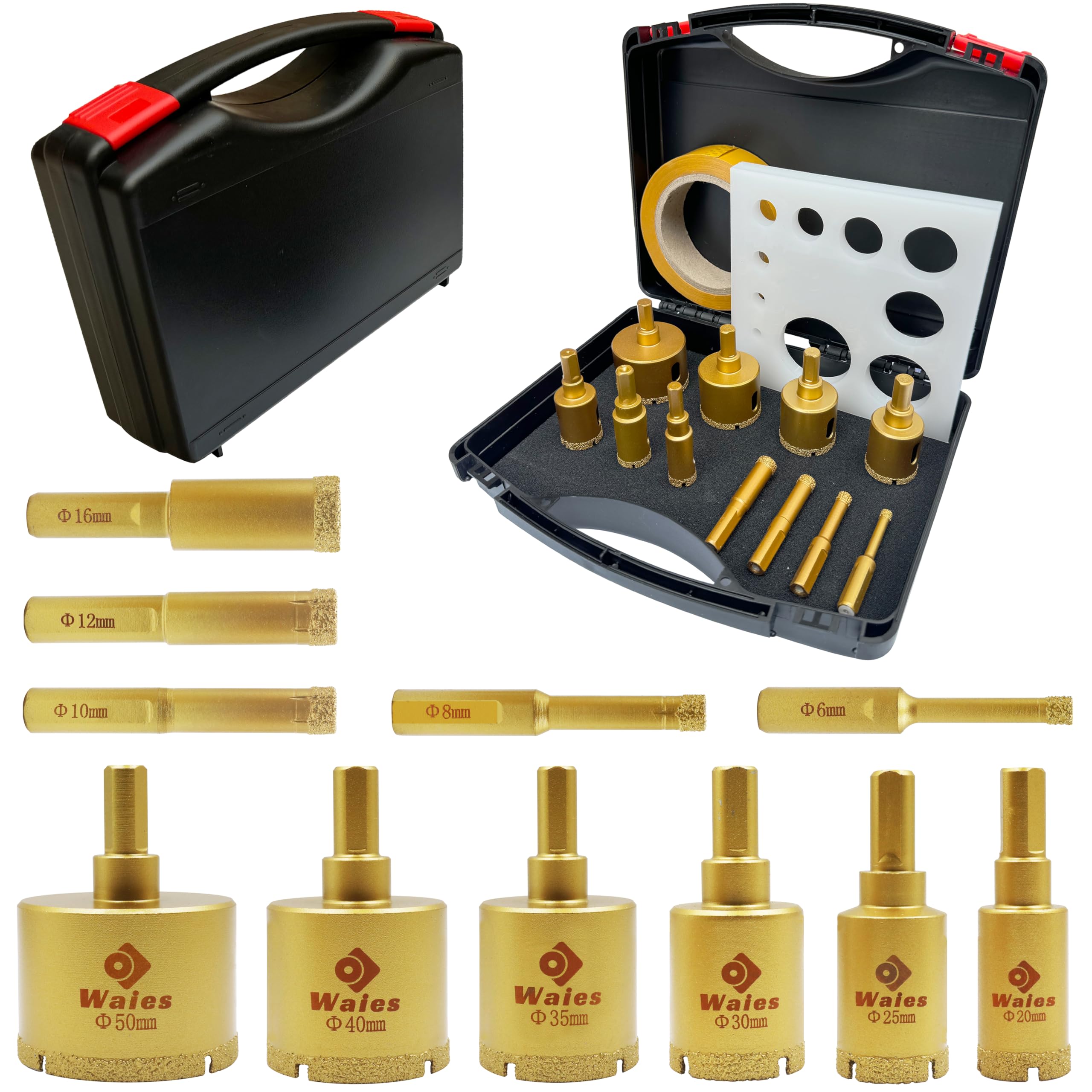 Waies 13 Pieces Diamond Drill Bit Set Dry/Wet Soldering Hollow Drill Hole Saw Set 11 Pieces Hole Opener with Guide Jig Suitable for Ceramic, Glass, Tile, Plaster, Marble, Granite