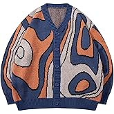 BEAUDRM Men's Y2K Graphic Cardigan Sweaters Aesthetic Cardigan Open Front Sweaters Fall Button Up V Neck Knit Outerwear