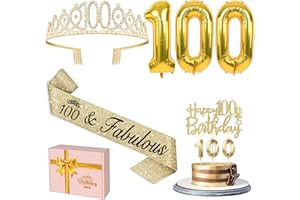 100th Birthday Decorations Gold, Including 100th Birthday Sash and Crwon, Cake Topper and Candles, Number Balloons Gold, Gift