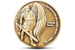 LOGOS COINS Archangel Michael Challenge Coin, Quis Ut Deus - 1.75" Antique Gold-Color Plated St Michael Prayer Token - Commemorative Religious Coins - Christian Coin Gifts for Collectors, Bible Study