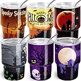 6 Pack 3 oz Halloween Shot Glasses Mini Tumblers with Straw and Lid,Pumpkin Ghost Skulls Tombstone Halloween Party Spooky Shot Glass Stainless Steel Vacuum Insulated Mini Cup for Cocktail Party