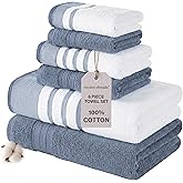 Modern Threads 6-Piece Towel Set – 100% Cotton, Quick Dry, Ultra Absorbent – Includes 2 Bath, 2 Hand, 2 Washcloths (White/Reinhart Blue)