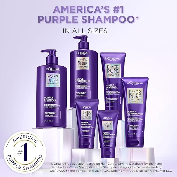 L’OREAL PARIS SULFATE FREE BRASS TONING PURPLE SHAMPOO FOR BLONDE, BLEACHED, SILVER, OR BROWN HIGHLIGHTED HAIR, EVERPURE, 6.8 FL OZ (PACKAGING MAY VARY)