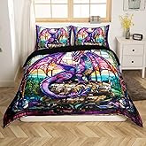 Purple Dragon Duvet Cover Set Queen Size,Pine Mountain Natural Rustic Farmhouse Bedding Set,Boys Girls Men Room Decor,Western Dragon Magical Animal Trippy Quilt Cover,2 Pillowcases(No Comforter)