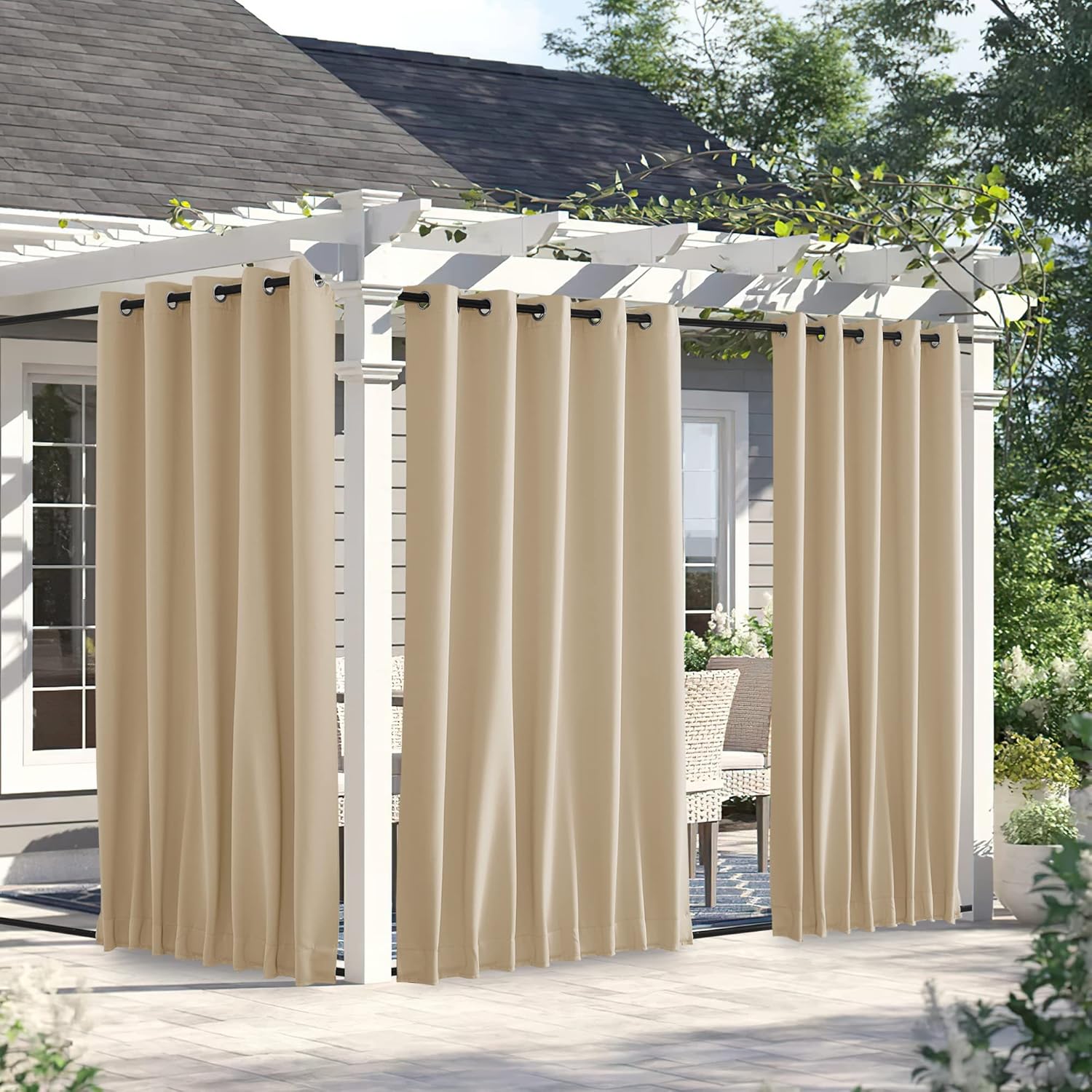 Outdoor Curtains - NICETOWN 2 Panels Outdoor Curtains for Patio Waterproof & Windproof, Thermal Insulated Top & Bottom Grommet & Back Tab Light Block Outdoor Drapes with Bouns Rope for Fixed, Biscotti Beige, W66 x L84