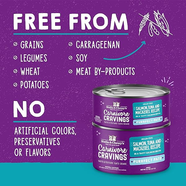 STELLA & CHEWY’S CARNIVORE CRAVINGS PURRFECT PATÉ – PREMIUM GRAIN-FREE WET CAT FOOD – SALMON, TUNA & MACKEREL RECIPE – HIGH PROTEIN WITH BONE BROTH – PERFECT FOR PICKY EATERS – 5.2OZ CANS (8 PACK)