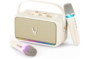 HINASTAR Karaoke Machine with 2 Wireless Mics & Soft Leather Wrap |mini Portable Bluetooth Speaker with 5 Voice Changer Modes for Home Party, AUX/USB/TF Support, for Kids and Adults