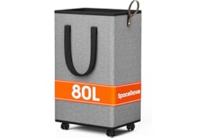 SpaceTrove Laundry Basket with Wheels, Collapsible Laundry Baskets, Laundry Hamper with Handles Detachable Wheels, Rolling Laundry Basket, Dirty Clothes Hamper for Bathroom, Dorm, Bedroom, Grey, 80L