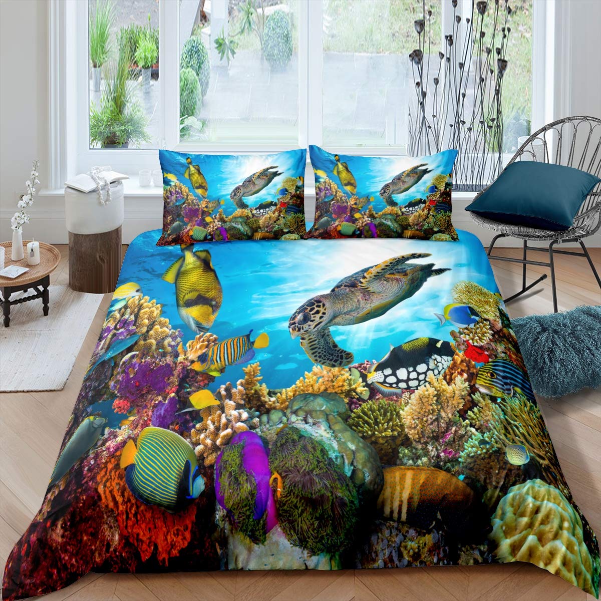 Underwater World Bedding Set 3D Sea Turtle Tropical Fish Print Comforter Cover for Kids Boys Girls Teens Sealife Ocean Theme Duvet Cover Luxury Bedroom Decor 3Pcs Bedclothes Super King Size