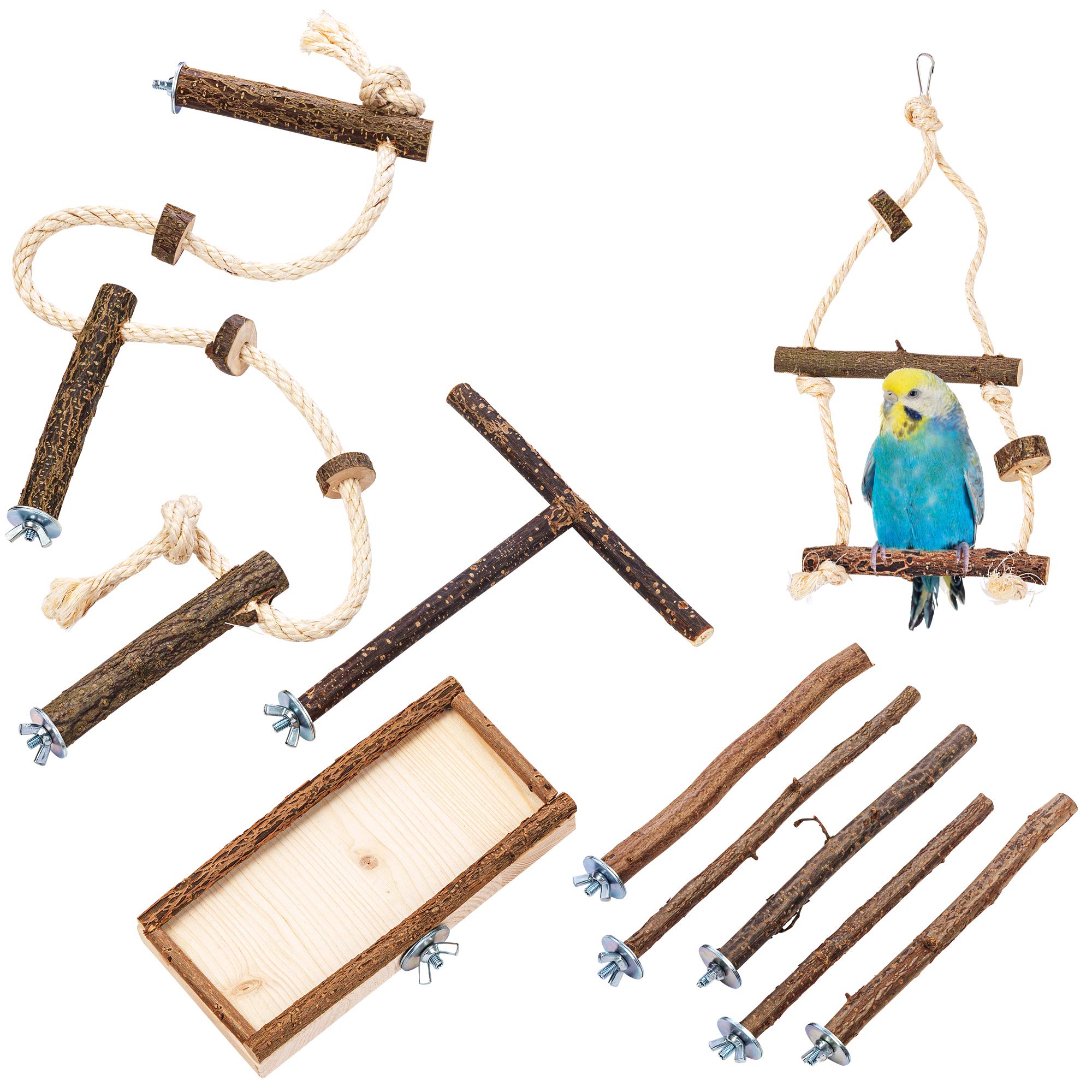 Vogelgaleria® 10 part basic cage set Set with natural perches bird swing, seat, settling rod and cage rope perch for budgerigar, cockatiel & Co.| Accessories for birdcage