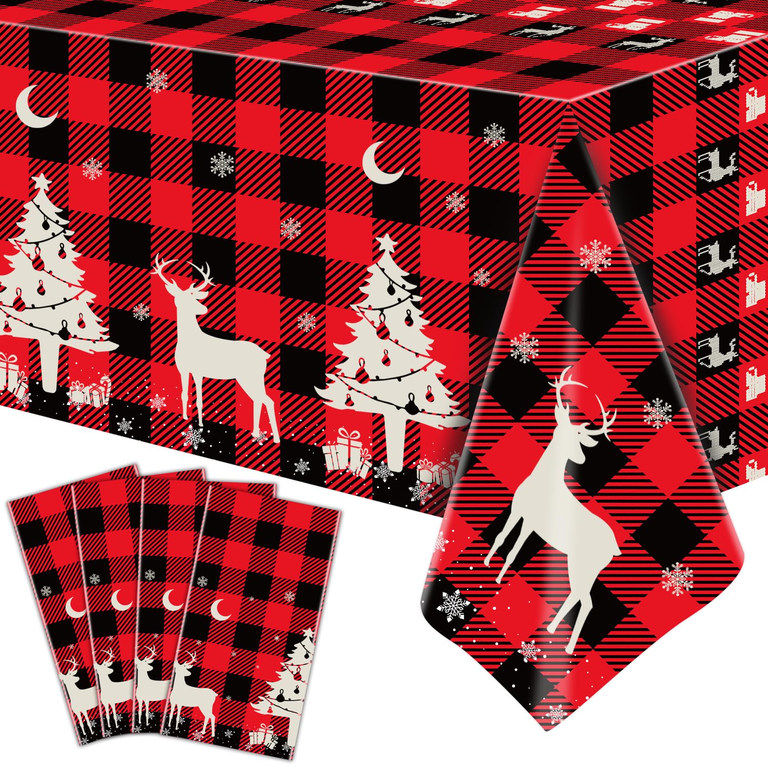Inspireyee 4 Pack Checkered Tablecloth - Black & Red Plaid, 51'' X 86'' Rectangle, Christmas Party Supplies