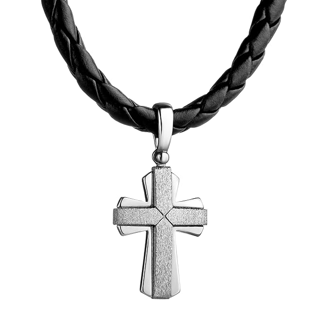 STERLL Herren Hals-Kette Leder Schwarz Kreuz-Anhänger Silber 925 Schmuck-Beutel Geschenk set für Männer