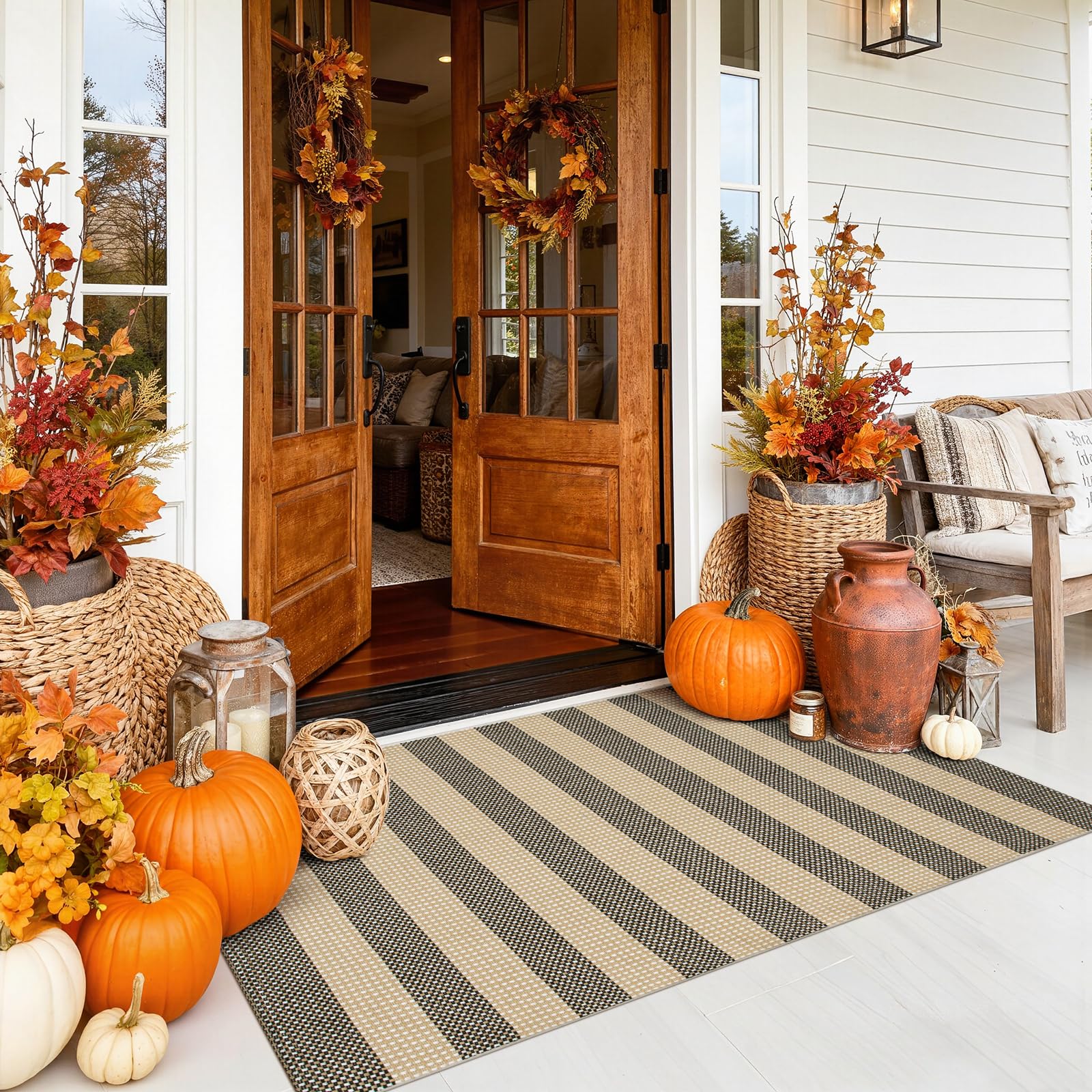 Photo 1 of Sungea Black and Tan Boho Striped Rugs, 3x5 Rug Outdoor Fall Front Door Mat Hand Woven Washable Rugs for Entryway, Foldable Front Porch Rug for Kitchen/Home Entrance/Farmhouse
