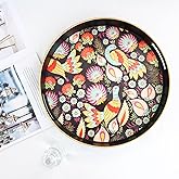 Spsyrine Decorative Serving Tray with Handles, Lacquered Coffee Table Tray for Ottoman, Round Waterproof Platters for Centerpieces, Parties, Living Room, Kitchen Counter Organization Peacock