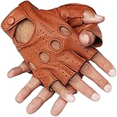 Gloves 007 Driving Half Finger Finger Less Knuckle Holes For Men Genuine Leather (Large, Cognac)