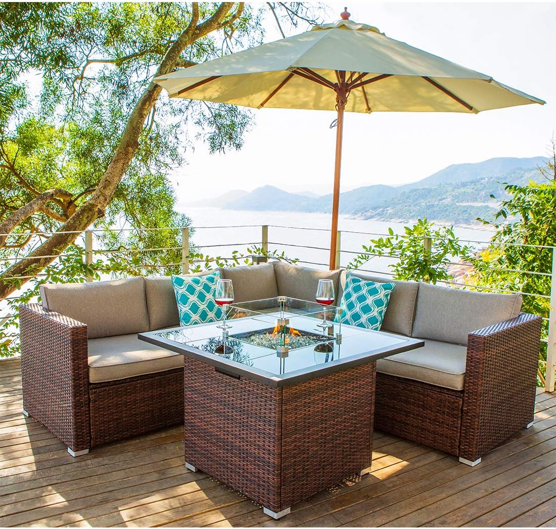 COSIEST 4-Piece Propane Fire Pit Outdoor Sectional Sofa Set, Brown Patio Furniture Set w 36-inch Square Fire Table (40,000 BTU), Glass Wind Guard, Internal Tank Storage for Garden, Pool, Backyard