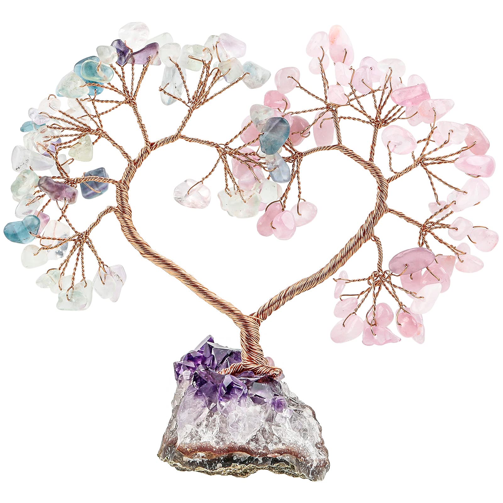 mookaitedecor Fluorite & Rose Quartz Love Heart Crystal Tree with Amethyst Cluster Crystal Base, Healing Semi Precious Stone Money Tree Feng Shui Ornaments for Wealth Luck Wedding Desk Decor
