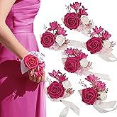BENCENTRE Hot Pink Wrist Corsage for Wedding(Set of 6), Wrist corsages for Prom,Party Prom Hand Flower Decor,Mother of The Bride Corsage,Bridesmaid Wrist Corsage