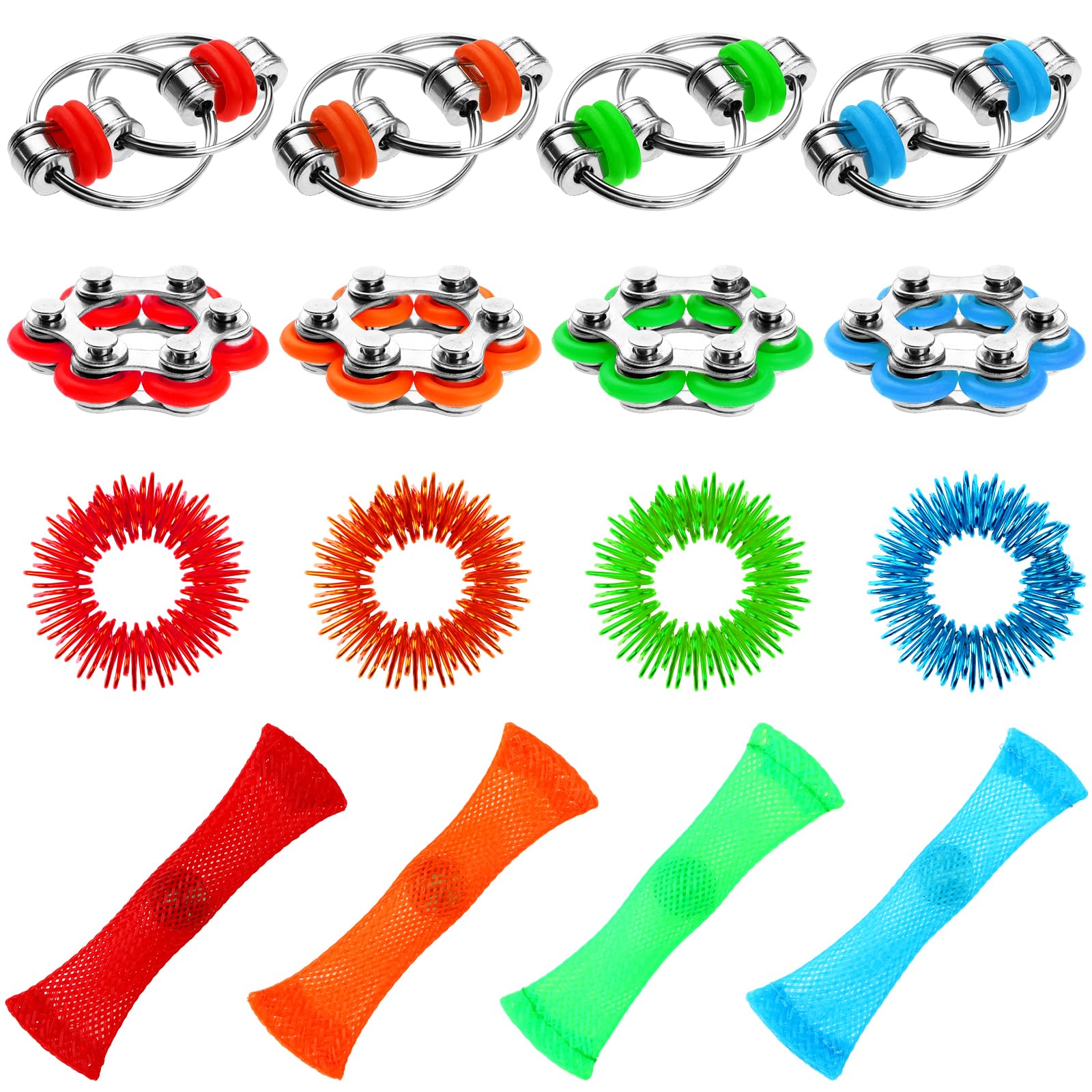 Beautywen 16Pack Fidget Toys Bike Chain Decompression Toy Bicycle Chain Key Chain Fidget Toy Set Roller Chain Fidget Toy Stress Reducer Bike Chain Fidget Toy for Anxiety Autism Adults Teens(4 Style)