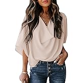 Dokotoo Womens 3/4 Sleeve V Neck Wrap Draped Front Blouses Tops