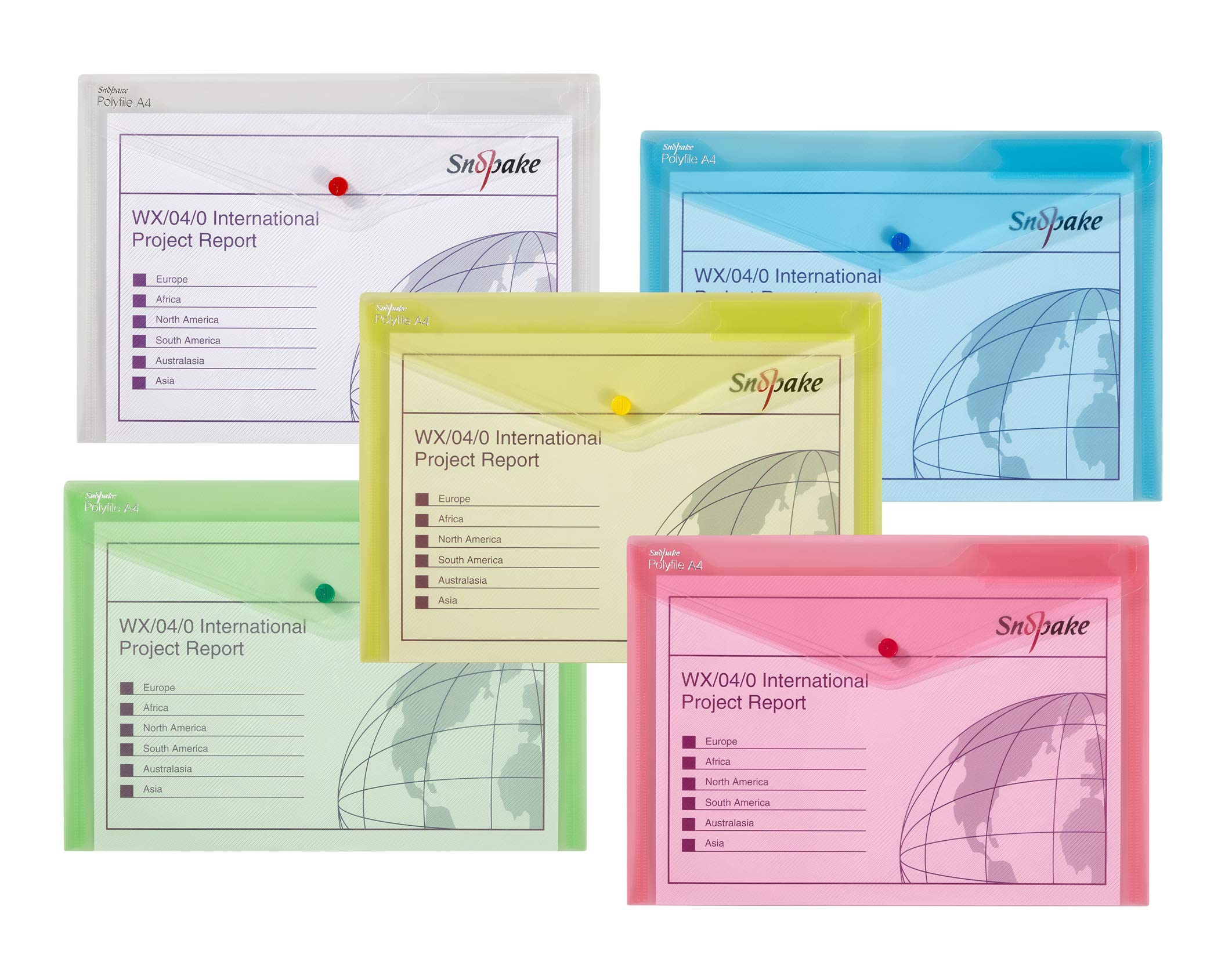 Snopake 12843X Polyfile A4 Popper Wallet File with Press Stud and Index Tab - Classic Assorted Colours (Pack of 5)