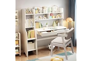 BALANBO Kids Desk Kids Table and Chair Set with Drawers and Bookshelf Rubber Wood Kid's Media Desk Student Learning Computer Workstation and Writing Desk(White)