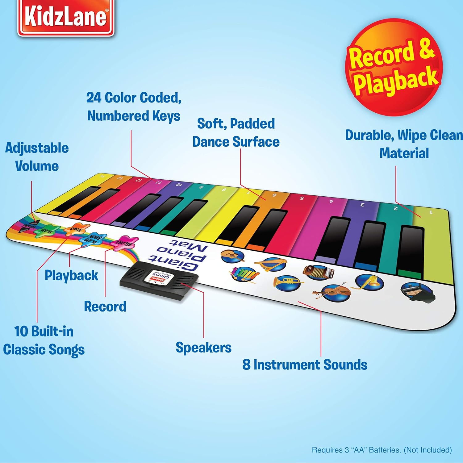 Kidzlane Floor Piano Mat for Kids and Toddlers - Giant 6 feet Piano Mat, 24 Keys – 10 Song Cards, Built in Songs, Record & Playback, 8 Instrument Sounds – Age 3+: Toys & Games