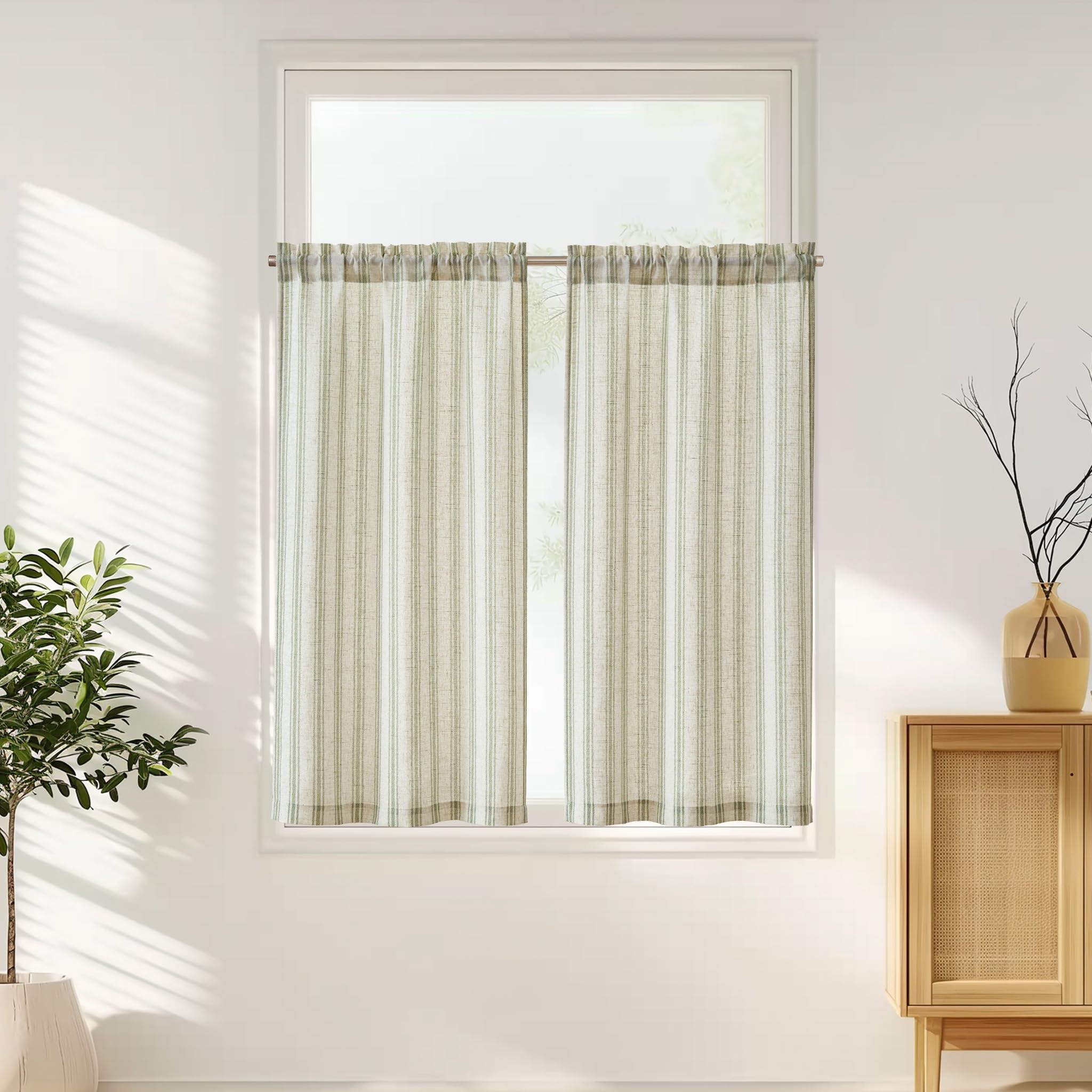 Photo 1 of jinchan Striped Linen Kitchen Curtains 45 Inch Cafe Tier Curtains Balanced Stripe Farmhouse Small Drapes for Bathroom Laundry Over Sink Half Window Light Filtering 2 Panels Sage Green on Beige