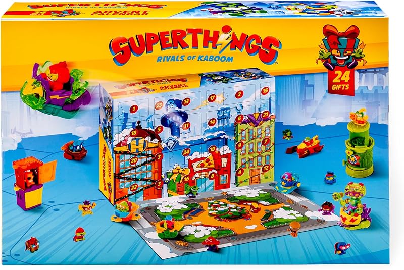 SUPERTHINGS – Calendario de Adviento. Calendario de Adviento de Navidad con 24 Regalos y Sorpresas Especiales. Incluye Minifiguras de Superthings, Kazoom Kids, Hideouts, Jets y más