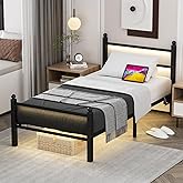 Twin Bed Frames with Charging Station &amp; LED Lights, Metal bed frame twin size with Headboard and Footboard, Heavy Duty Slats Support Platform, No Box Spring Needed, Noise Free, Easy Assembly, Black
