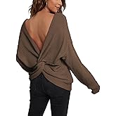 ALENDA DANMOS Women V Neck Criss Cross Twisted Back Sweater Long Batwing Sleeves Cropped Top Off Shoulder Pullovers