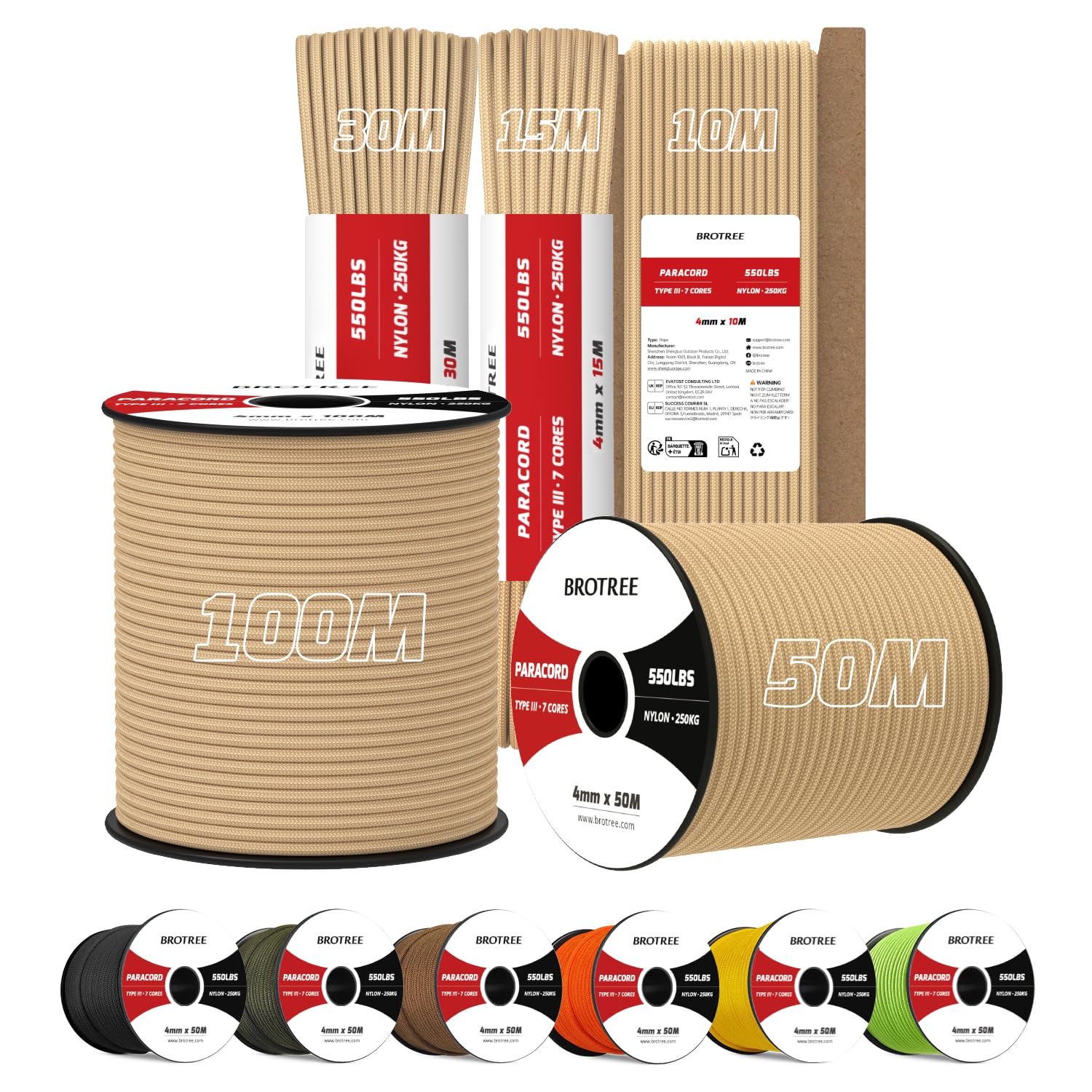 Brotree 4mm Paracord 550 100M 100% Nylon Rope 7 Strands Type III Parachute Cord for Outdoor and DIY - 250kg Breaking Load (Khaki)