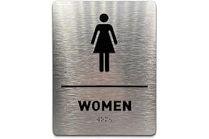 GDS ARCHITECTURAL SIGNAGE SOLUTIONS Women Bathroom Sign by GDS - ADA Compliant, Wheelchair Accessible, Raised Icons, & Grade 2 Braille - Includes Adhesive Strips for Easy Installation - 6" W x 8" H (Brushed Aluminum)